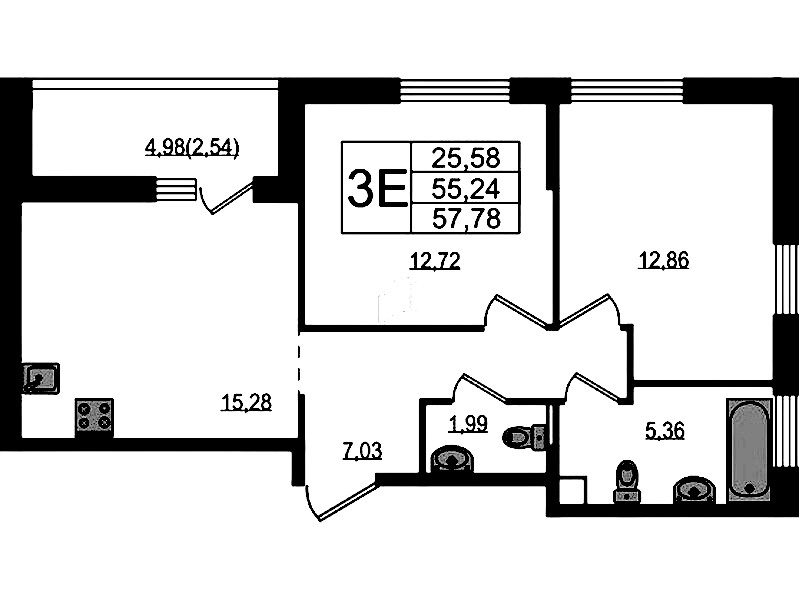 2-комнатная квартира 57.78 м², 10/15 эт., ЖК «Южная Нева»
